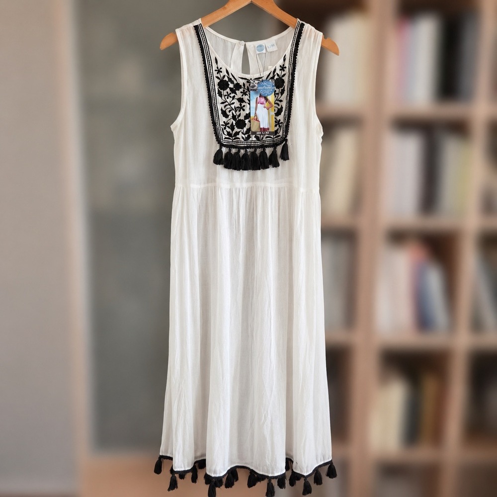 Sorbetto Sheer White Vestito Ornella Embroidered Tassel Midi Dress L/XL NEW - Picture 2 of 13